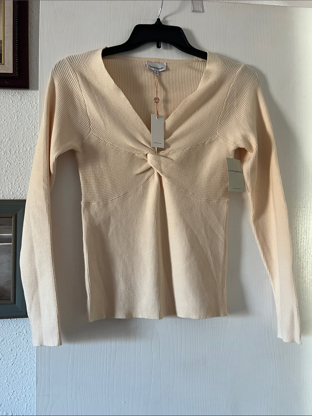 Heartloom Cream V-Neck Ribbed Twist Front Sweater